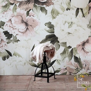 Carta da parati floreale di peonia polverosa, rimovibile, fiori fard, arte dei fiori, arte della parete floreale, peonie, peonia, buccia e bastone murale n. 28
