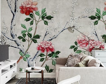 Gray magnolia wallpaper, Fresco vintage wallmural, Chinoiserie wallpaper, Vintage paintings, vintage murals  #162