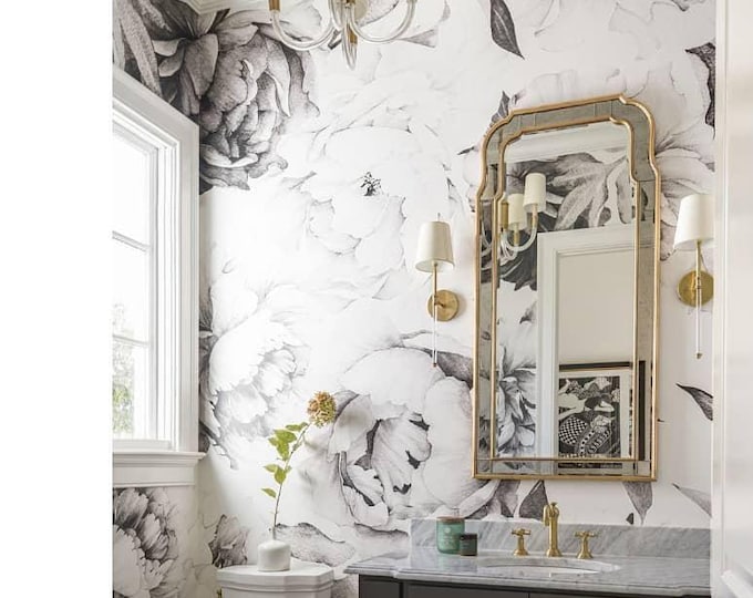 Featured listing image: Soft Peony Wallpaper, Black and White Peonies, Floral #85