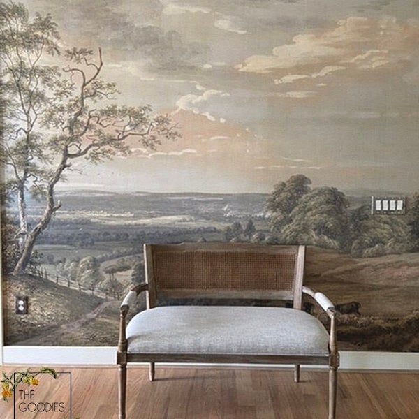 Landelijke schilderkunst muurschildering, verwijderbaar of normaal behang, scènebehang, landschapsvintage, wanddecor, kunst aan de muur, schilderachtige schilderkunst #169