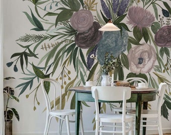 Watercolor florwers wallpaper, floral wallpaper, watercolor mural, Large flowers painting, Boho bouquet #59