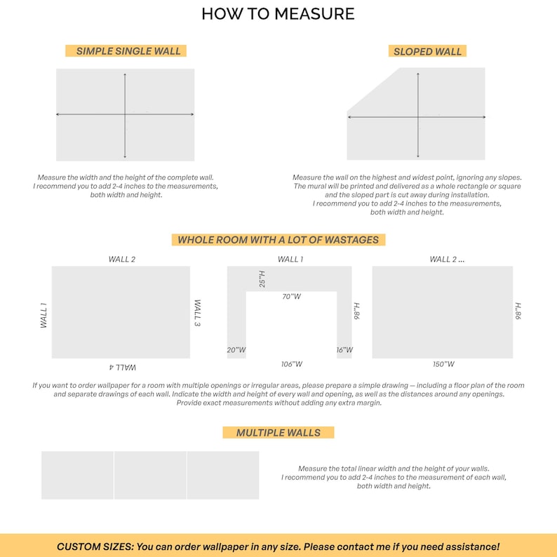 May include: Diagrams and instructions on how to measure walls for wallpaper, including single, sloped, and multiple walls. Text includes "How to Measure" and "Custom Sizes: You can order wallpaper in any size."