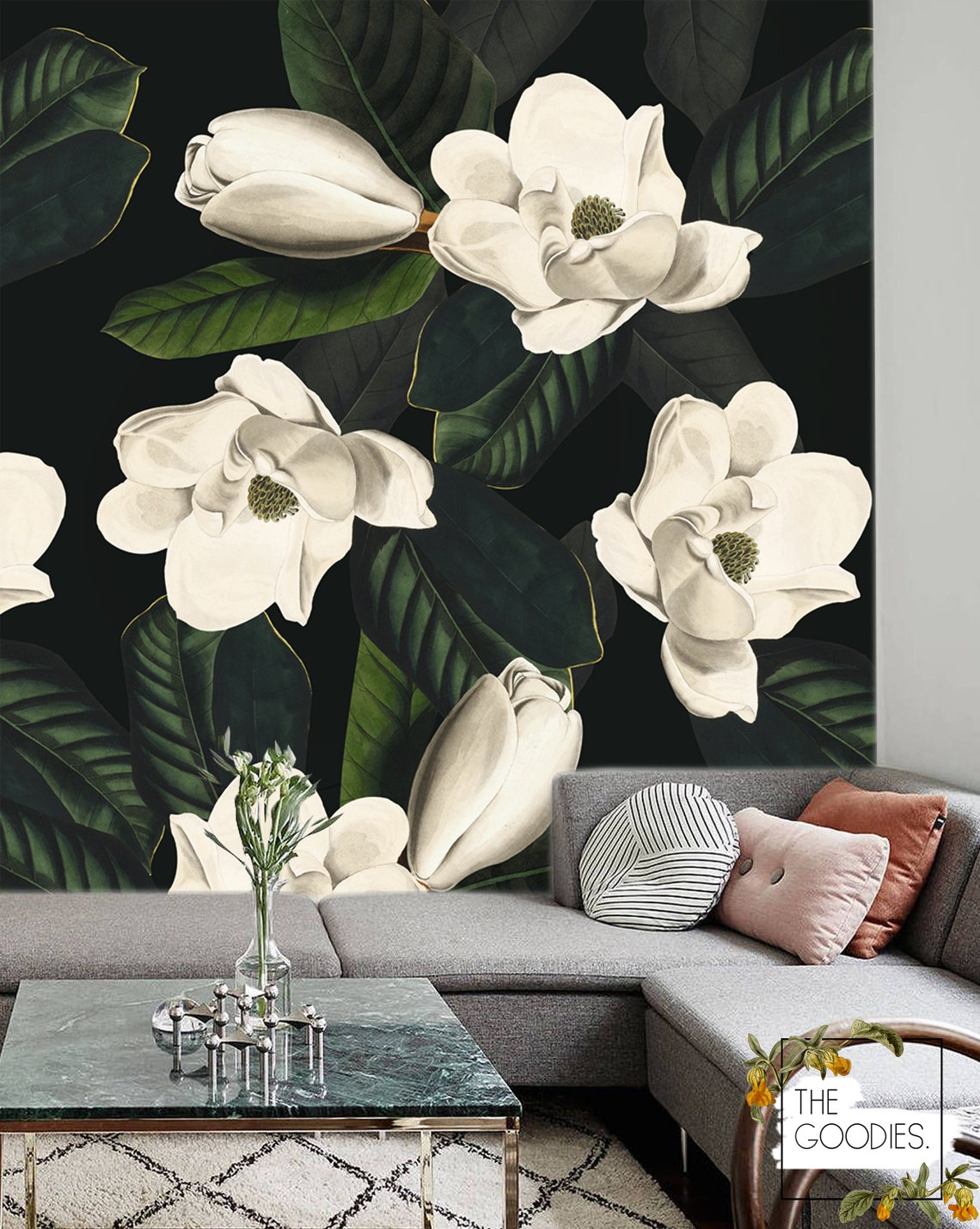 Black Botanical Wallpaper Removable or Regular Flowers Etsy