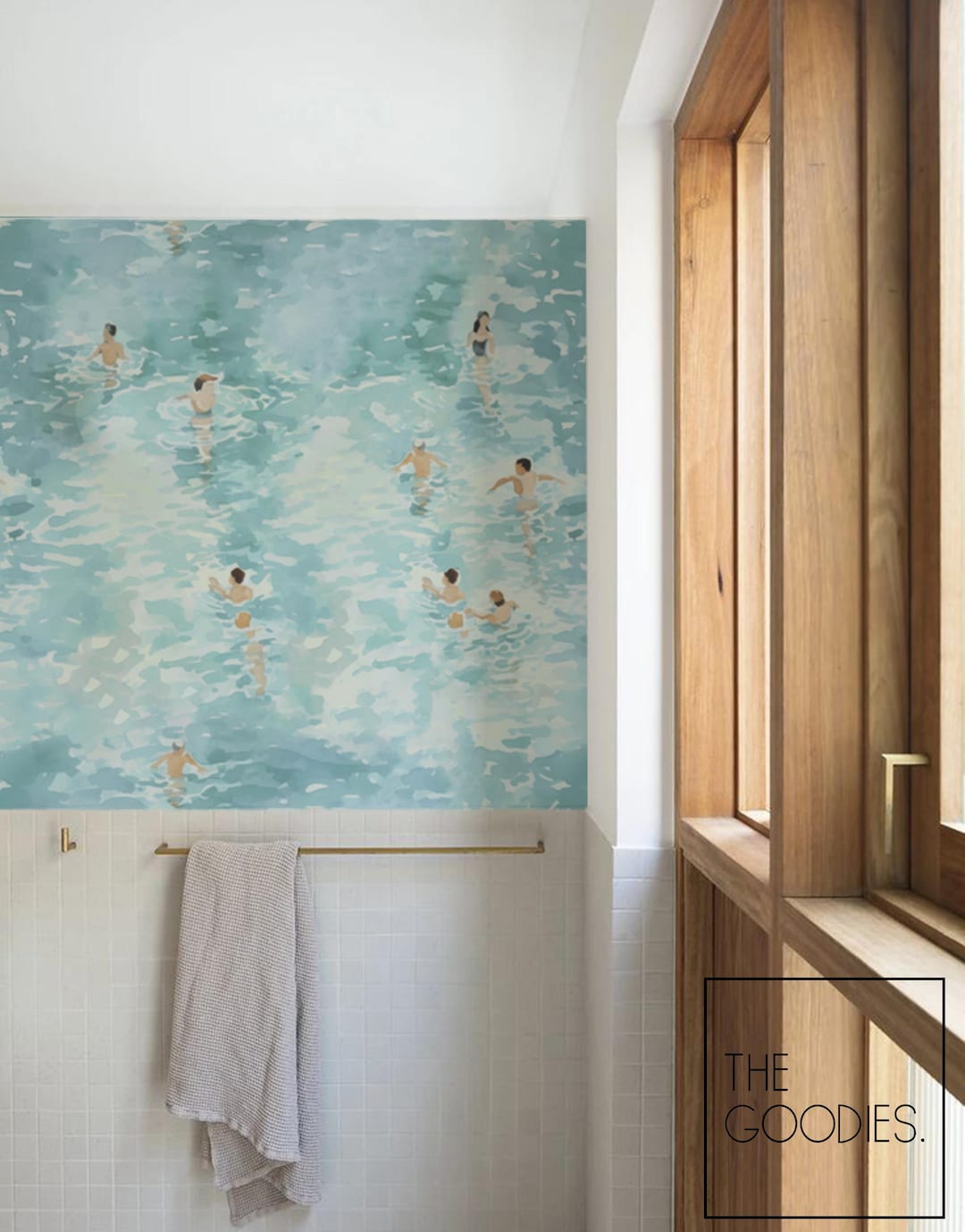 Vintage Beach Wallpaper, Blue Bathroom Art, Swimmers Retro Wall Mural ...