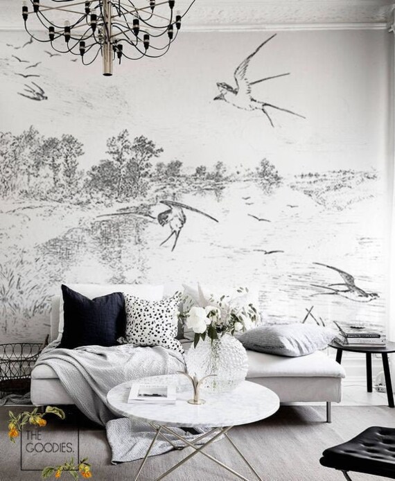 Swallows Pink Flowers Wall Stickers art Mural Children Decor Paper Reusable