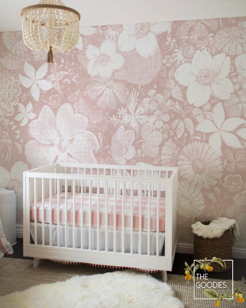 Blush Pink Floral Wallpaper Nursery Wall Mural Nursery Etsy