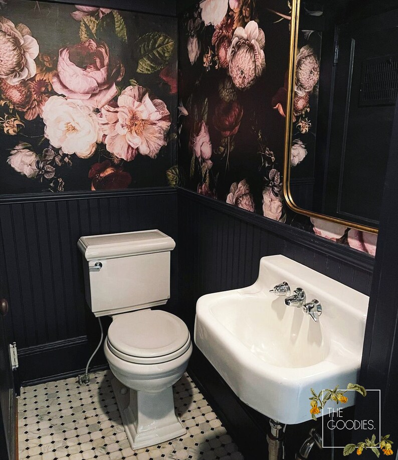 Vintage floral wallpapers Large floral print Big flowers wall mural #89 Dark blossom wallpaper
