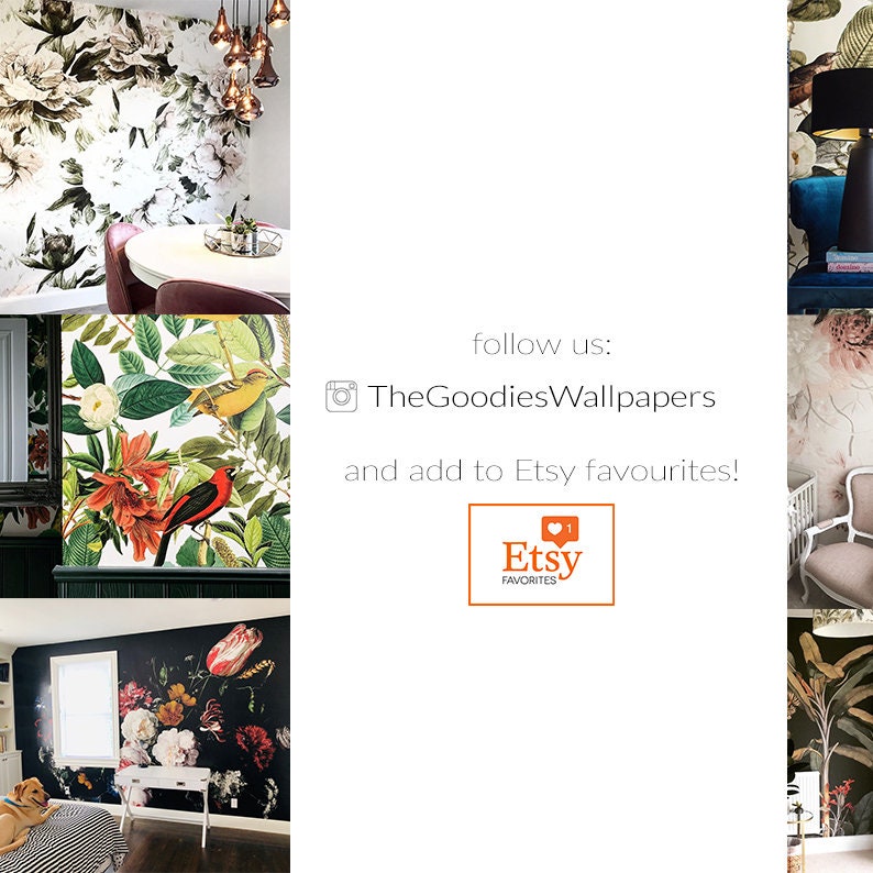 May include: Four images showcasing different floral wallpaper designs. The wallpaper features a variety of flowers, leaves, and birds. The text "TheGoodiesWallpapers" and "Etsy Favorites" is also visible in the image.