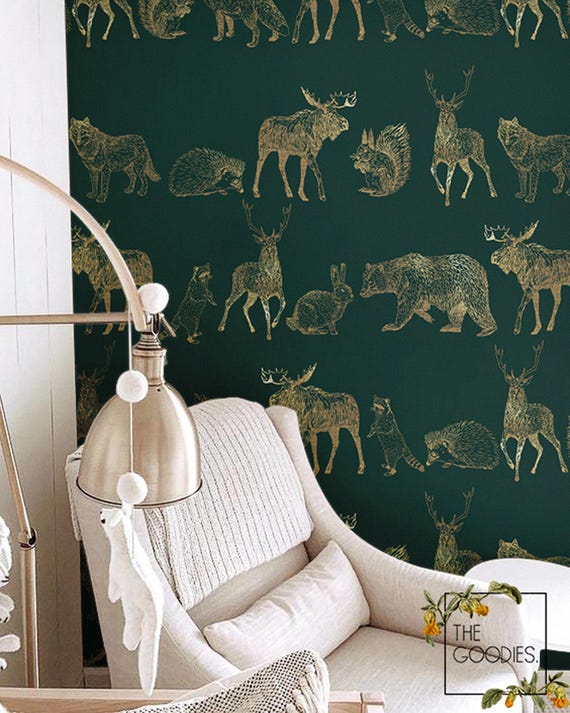 Green Woodland Wallpaper: Golden Forest Animals, Nursery Decor #17