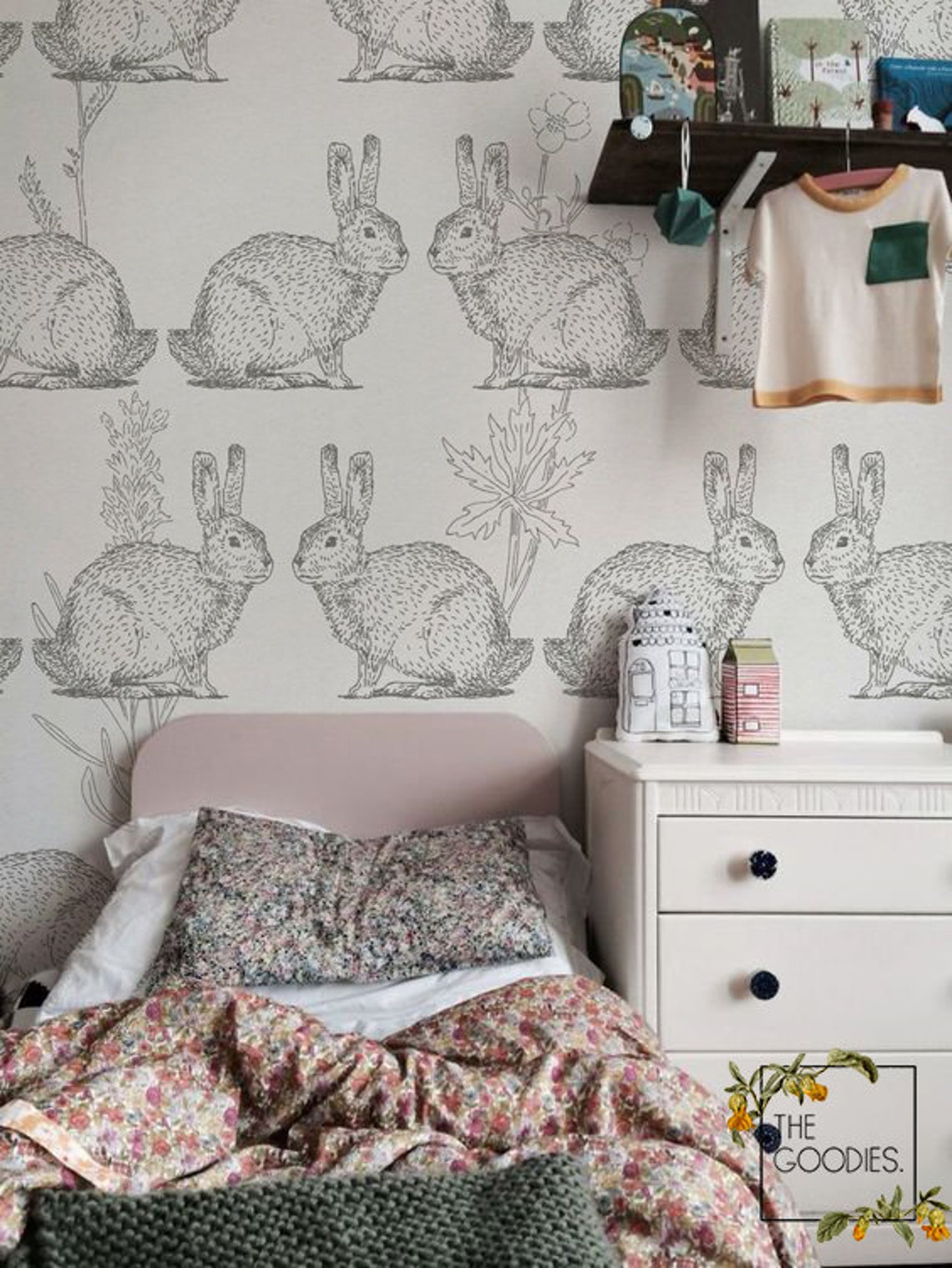 Bunny Wallpaper Rabbit Wall Mural Nursery Wallpaper Drawing | Etsy