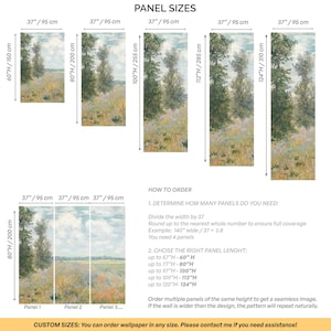 Op de afbeelding: Verschillende maten landschap behangpanelen, met een veld met bomen onder een bewolkte hemel. Panelen zijn 95 cm breed en vari&euml;ren van 150 cm tot 310 cm hoog. Tekst geeft bestelinstructies en opties voor aangepaste maten.