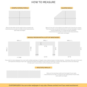 Op de afbeelding: Diagrammen en instructies voor het meten van muren voor behang, inclusief enkele, schuine en meerdere muren. Tekst bevat "How to Measure" en "Custom Sizes: You can order wallpaper in any size."