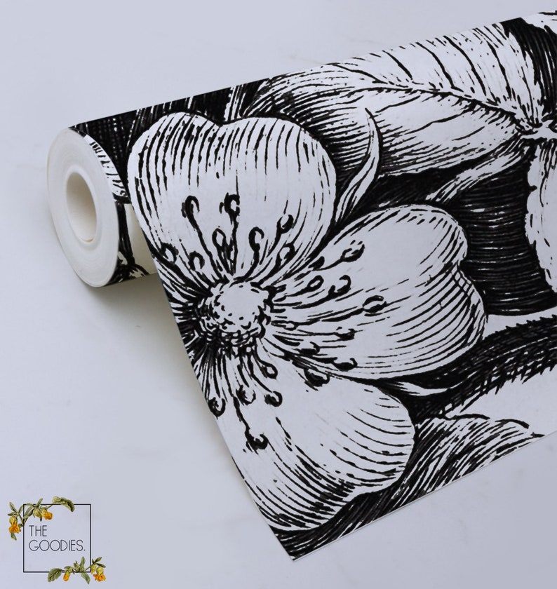 Black and white floral wallpaper, Removable wallpaper or traditional, Sketch drawing, Monohrome wall mural 64 image 3