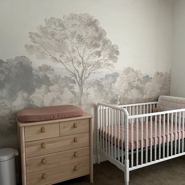 Fototapeta z motywem wsi, Delikatna sztuka ścienna, Tapeta z widokiem na drzewa - FUZZY #202