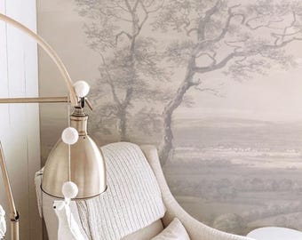 Creamy Rural Landscape Wallpaper Mural: Vintage Scene, Neutral Colors #215