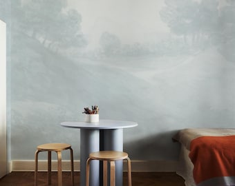 Mural de papel pintado con paisaje azul: Pared decorativa en tonos suaves n.° 277