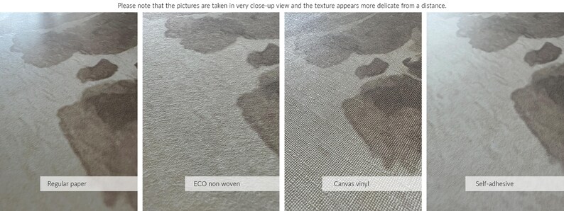 May include: Close-up comparison of four different types of paper: regular paper, ECO non-woven, canvas vinyl, and self-adhesive. The image shows the texture of each paper type.
