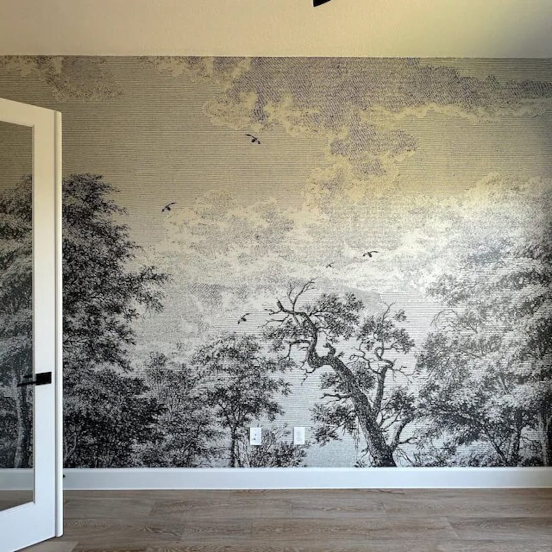 Vintage Trees Wallpaper Mural: Engraving Landscape With Birds #151 - Etsy