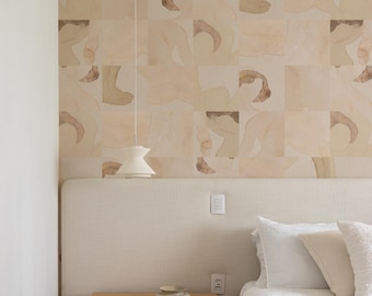 Mozaïek naakt kunstbehang, womanity muurschildering, beige neutrale tinten