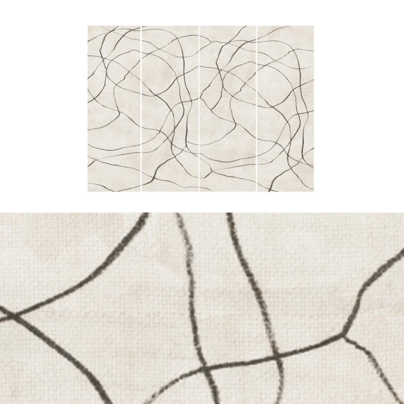 Op de afbeelding: Abstracte kunstprint met een cr&egrave;mekleurige achtergrond en een netwerk van zwarte, vrije lijnen. De lijnen vormen een dynamisch, onderling verbonden patroon over het oppervlak. Het kunstwerk is verdeeld in vijf verticale panelen.