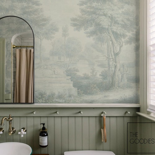 Mural de pared con paisaje brumoso en acuarela: Arte de pared de estilo antiguo - Utopía #240