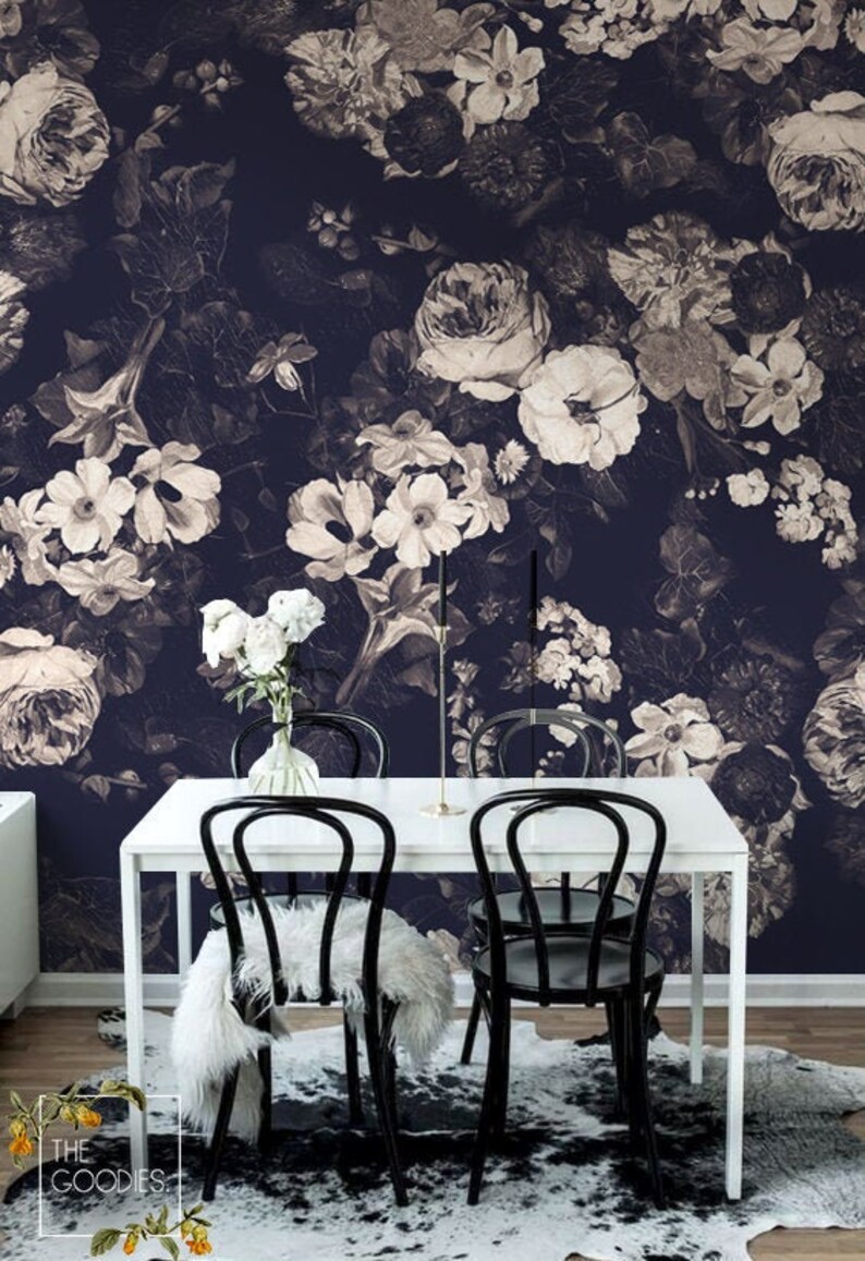 Navy Blossom Wallpaper Vintage Floral Wall Mural Large Etsy