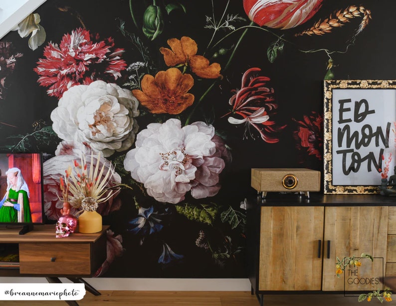 Dark Floral Removable Wallpaper Dutch Flowers Oil Painting Etsy Canada