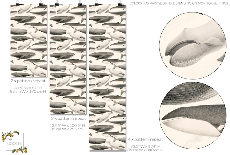 May include: A seamless pattern featuring a repeating design of black and white whales on a cream background. The pattern is shown in three different sizes, with the text "2 x pattern repeat", "3 x pattern repeat", and "4 x pattern repeat" indicating the number of times the pattern repeats. The text also includes the dimensions of each size in inches and centimeters. The image also includes a close-up of a whale's head, showing the detail of the illustration.