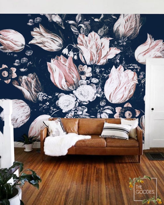 Dutch Blossoms Mural, Wall Navy Etsy Wallpaper, Bouquet 105 Vintage Paintings Wall Tulips Norway Art, Wall - Removable Mural, Flowers Large