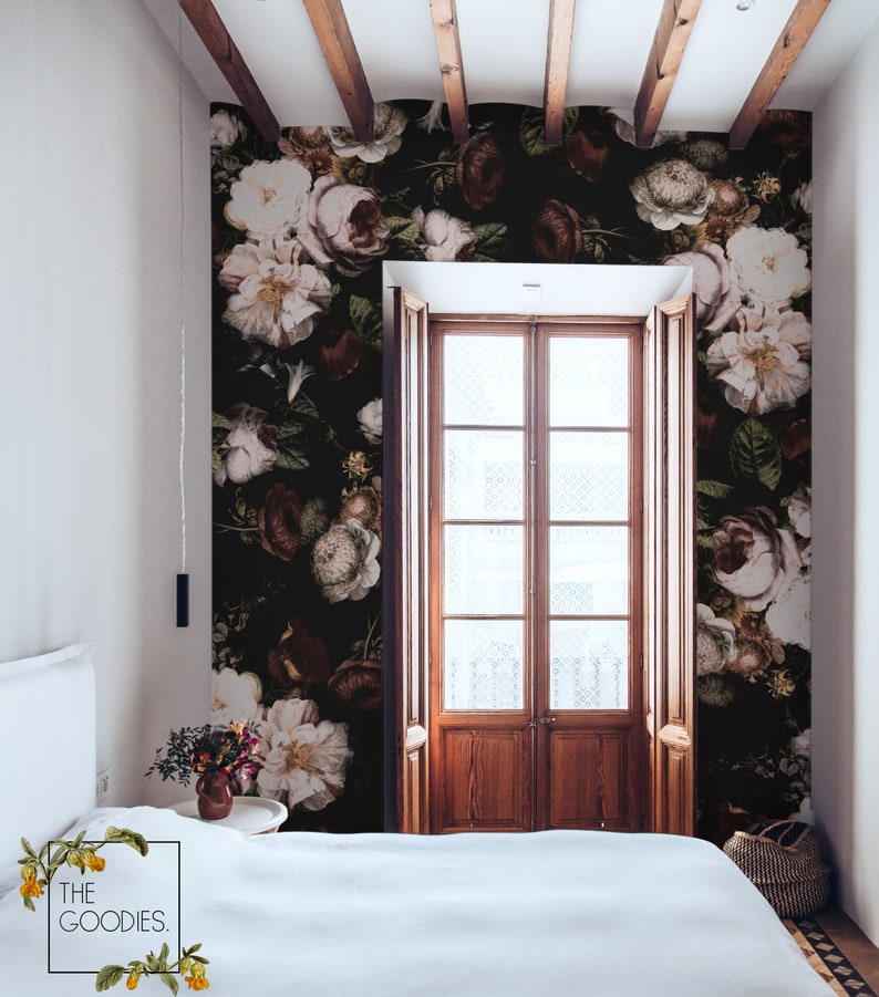 Vintage floral wallpapers Large floral print Big flowers wall mural #89 Dark blossom wallpaper