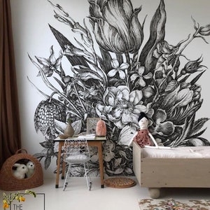 Black and white floral wallpaper, Removable wallpaper or traditional, Sketch drawing, Monohrome wall mural 64 image 2