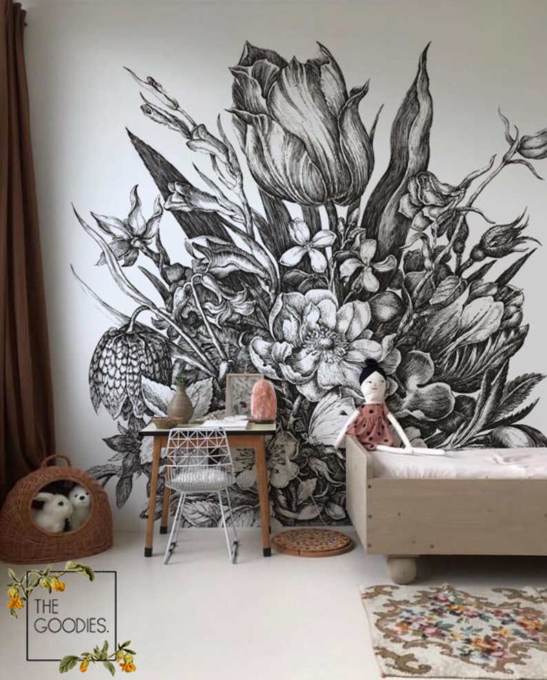 Black and white floral wallpaper, Removable wallpaper or traditional, Sketch drawing, Monohrome wall mural 64 image 2