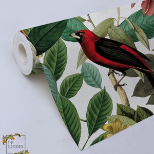 May include: A roll of wallpaper with a repeating pattern of red birds and green leaves on a white background.