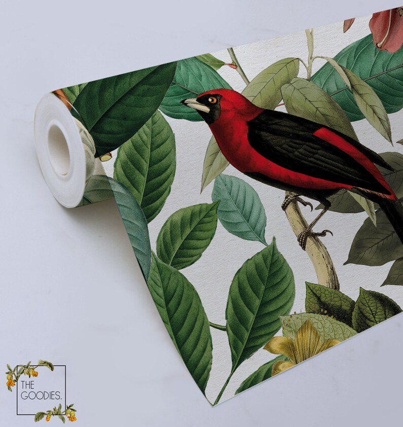 May include: A roll of wallpaper with a repeating pattern of red birds and green leaves on a white background.