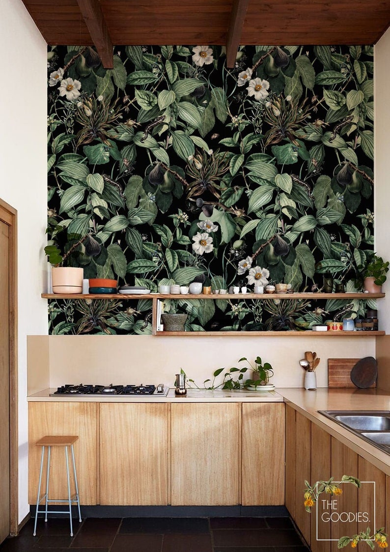 Dark Fig wallpaper, Black botanical wallpaper, Moth, lizard and plant wallpaper, Grunge, Vintage pattern, Insects 196 image 1