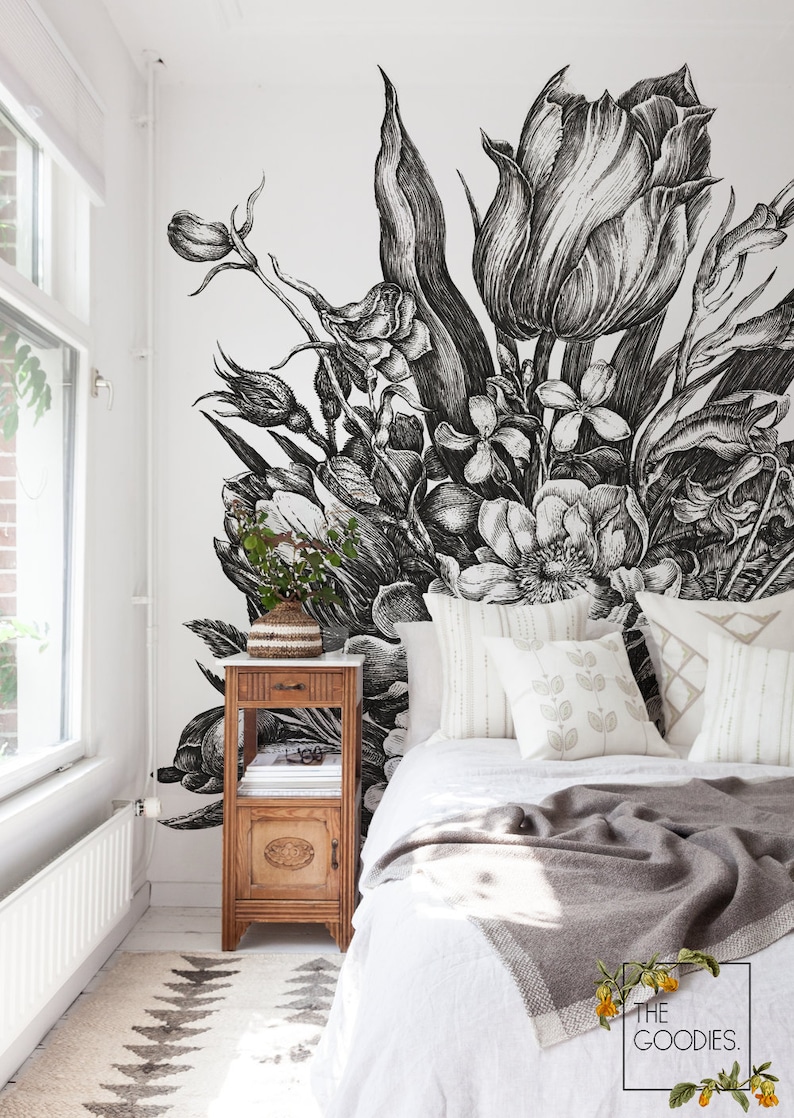 Black and white floral wallpaper, Removable wallpaper or traditional, Sketch drawing, Monohrome wall mural 64 image 1