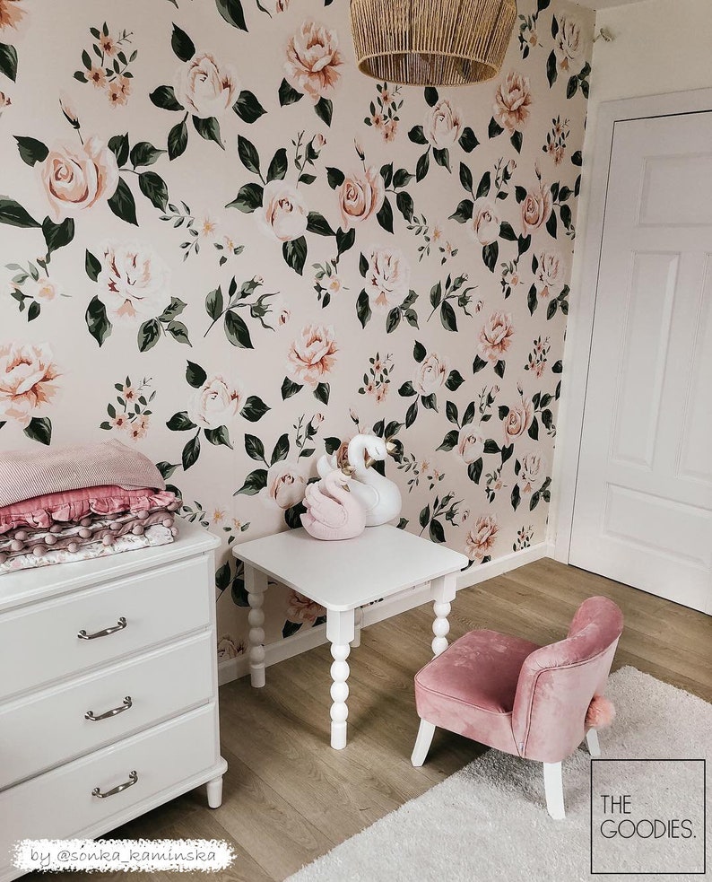 Vintage roses wallpaper Pink floral wallpaper Nursery Girls Etsy