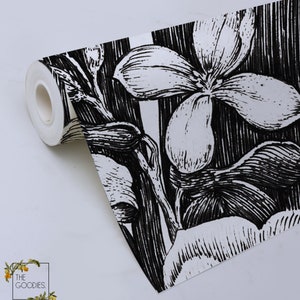 Black and white floral wallpaper, Removable wallpaper or traditional, Sketch drawing, Monohrome wall mural 64 image 4