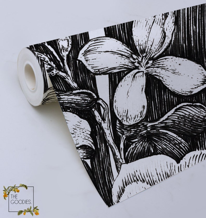 Black and white floral wallpaper, Removable wallpaper or traditional, Sketch drawing, Monohrome wall mural 64 image 4