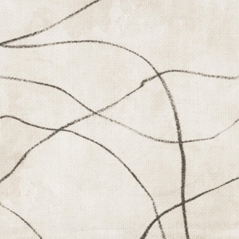 Op de afbeelding: Abstracte kunstprint met houtskleurige lijnen op een cr&egrave;mekleurig canvas. De lijnen buigen en kruisen elkaar, waardoor een dynamisch en minimalistisch ontwerp ontstaat. Het kunstwerk heeft een textuur, wat wijst op een natuurlijk materiaal.