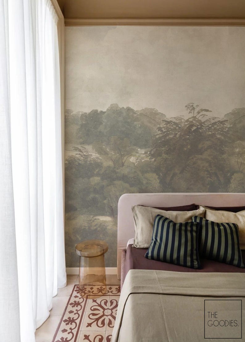 Scenic Forest Landscape Wallpaper Mural, Vintage Countryside Design ...