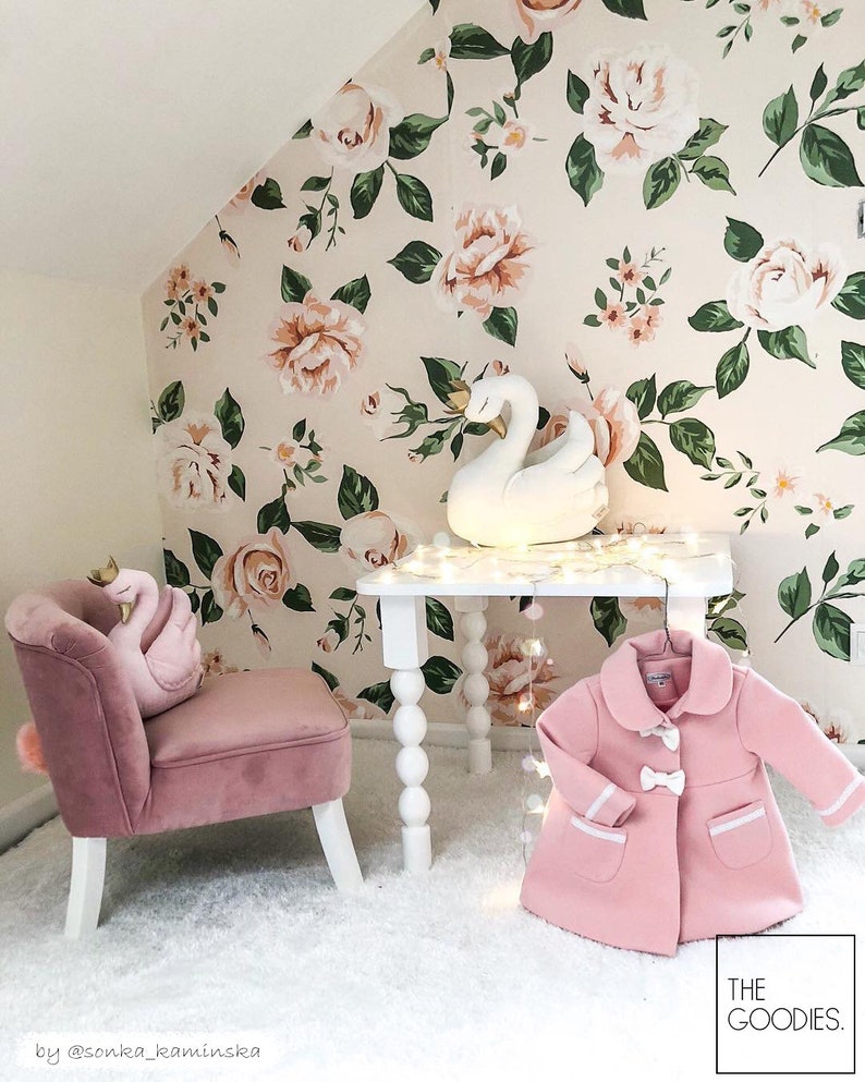 Vintage roses wallpaper Pink floral wallpaper Nursery Girls Etsy
