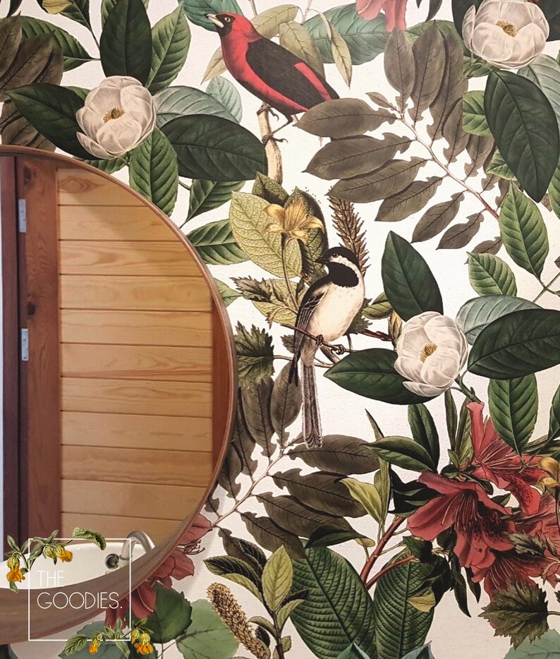 May include: A white background with a floral wallpaper pattern featuring green leaves, white magnolia flowers, red flowers, and two birds. One bird is red and the other is black and white. The text "THE GOODIES." is in the lower left corner of the image.