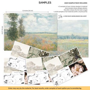 Op de afbeelding: De afbeelding toont voorbeelden van verschillende ontwerpen, waaronder een landschapsschilderij van 30 cm breed en 21 cm hoog. Extra voorbeelden tonen bloemen- en botanische patronen. De tekst "SAMPLES" en "Peel&Stick PREMIUM" zijn zichtbaar.