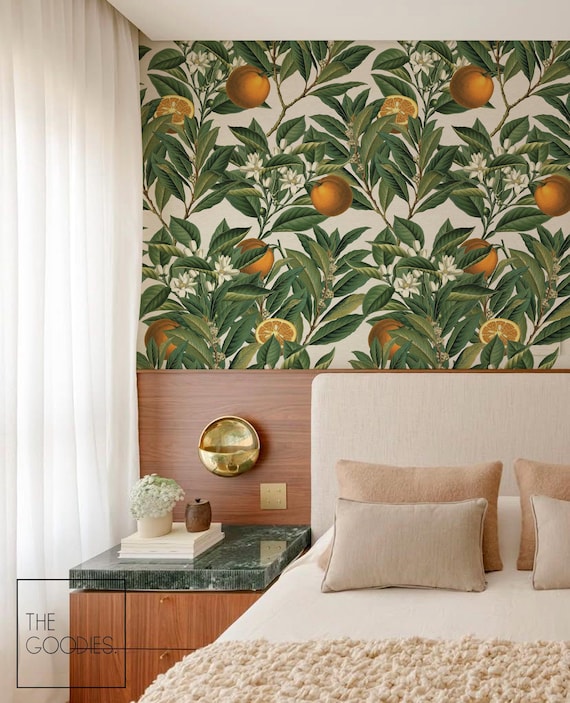 Orange Citrus Botanical Wallpaper - Vintage Floral Wall Mural #55P
