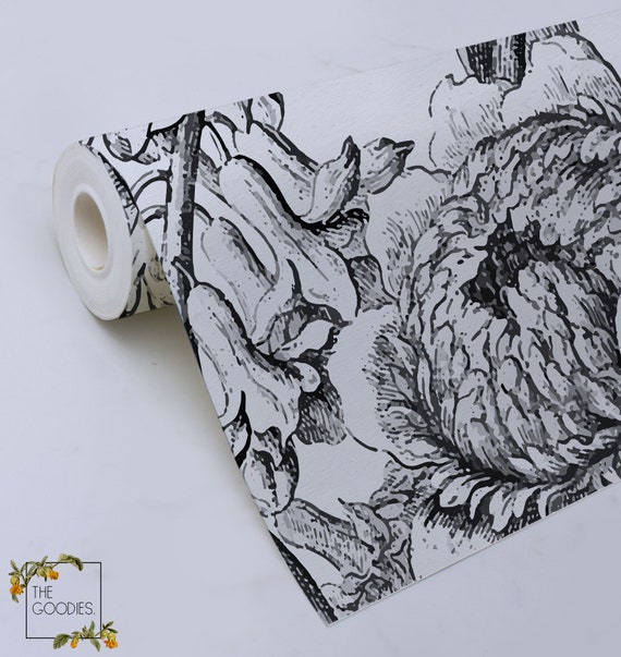 Sketch drawing floral wallpaper, Black and white floral wall art, Floral removable wallpaper, Flower wall mural, Botanical wall murals 18