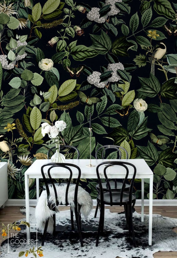 Dark Floral Wallpaper Vintage Butterflies and Birds Wall - Etsy Dark Floral Wallpaper Vintage Butterflies and Birds Wall - Etsy