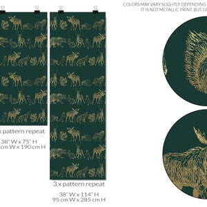 May include: A green and gold woodland animal wallpaper pattern with a moose, squirrel, bear, deer, and rabbit. The pattern repeats twice in the image. The text "2 x pattern repeat 38" W x 75" H 95 cm W x 190 cm H" is below the pattern. The text "THE GOODES." is in the lower left corner of the image. The text "3 x pattern repeat 38" W x 114" H 95 cm W x 285 cm H" is below the pattern. The text "COLORS MAY VARY SLIGHTLY DEPENDING ON MONITOR SETTINGS IT IS NOT METALLIC PRINT, BUT GOLD IMITATION" is in the upper right corner of the image. Two circles are in the right side of the image. The top circle has a gold squirrel on a green background. The bottom circle has a gold moose on a green background.