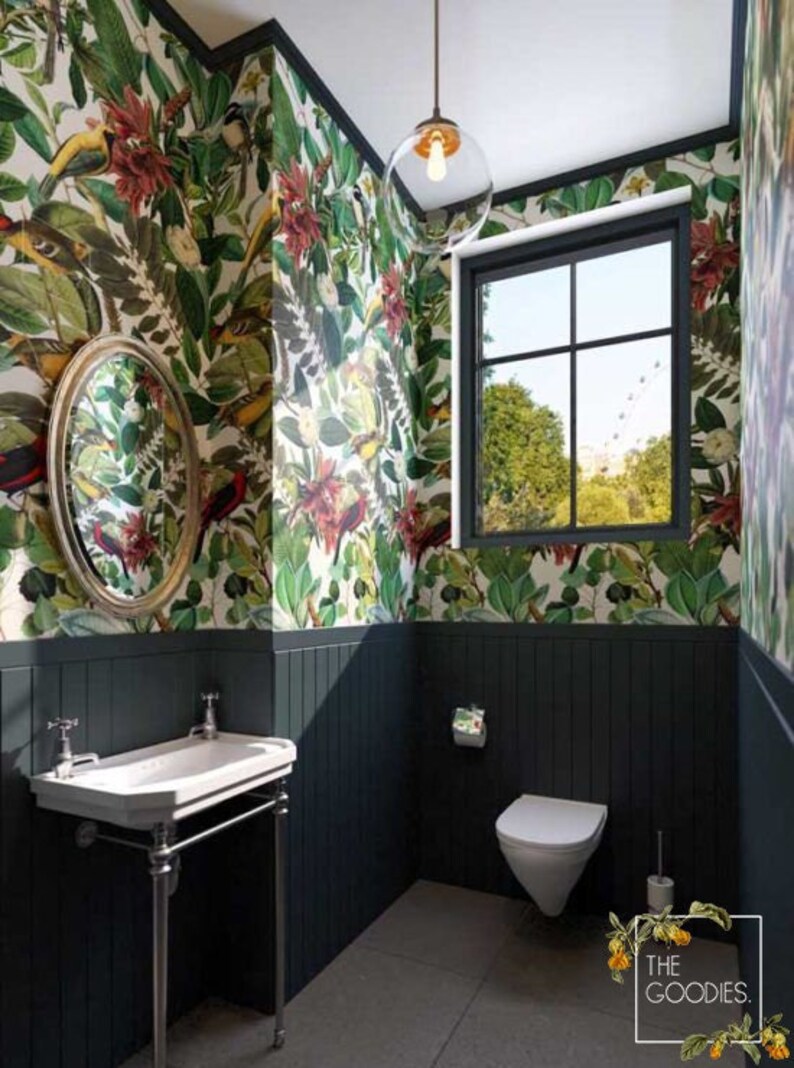 May include: A small bathroom with dark green walls and a white porcelain sink and toilet. The walls are covered in a wallpaper with a tropical print featuring birds and flowers. A glass globe light fixture hangs from the ceiling.