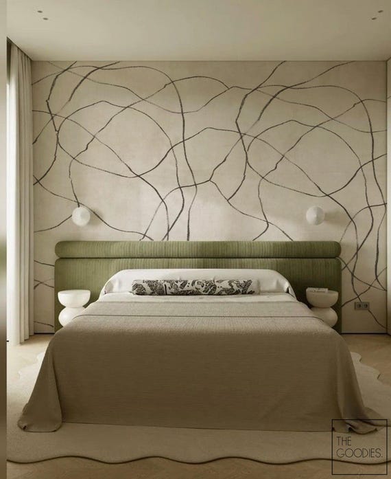 Japandi Wall Art, Minimalist Abstract Line Wallpaper, Neutral Accent Wall Decor #293P